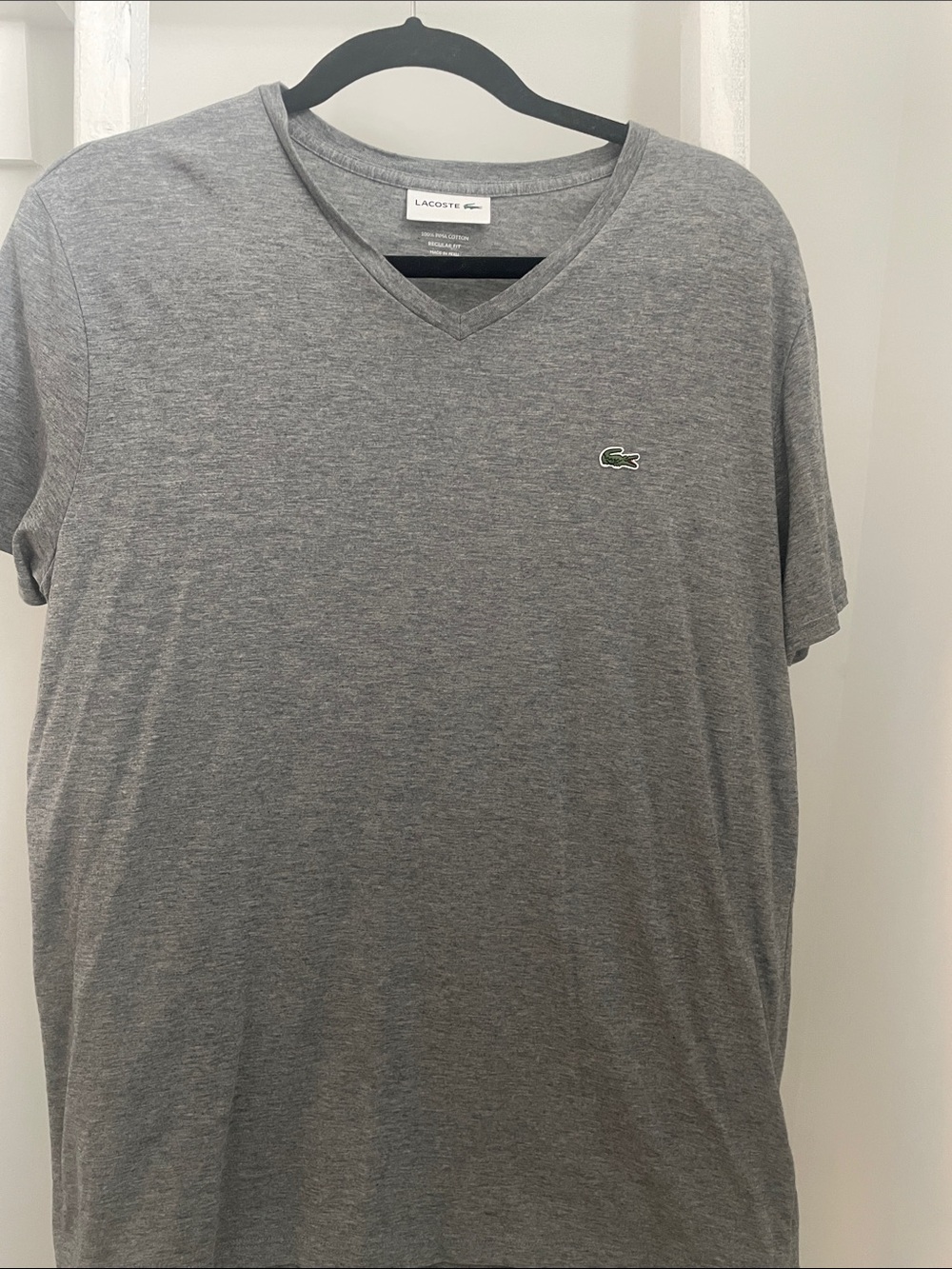Lacoste Men's Heather Gray V-Neck Tee with Green Crocodile